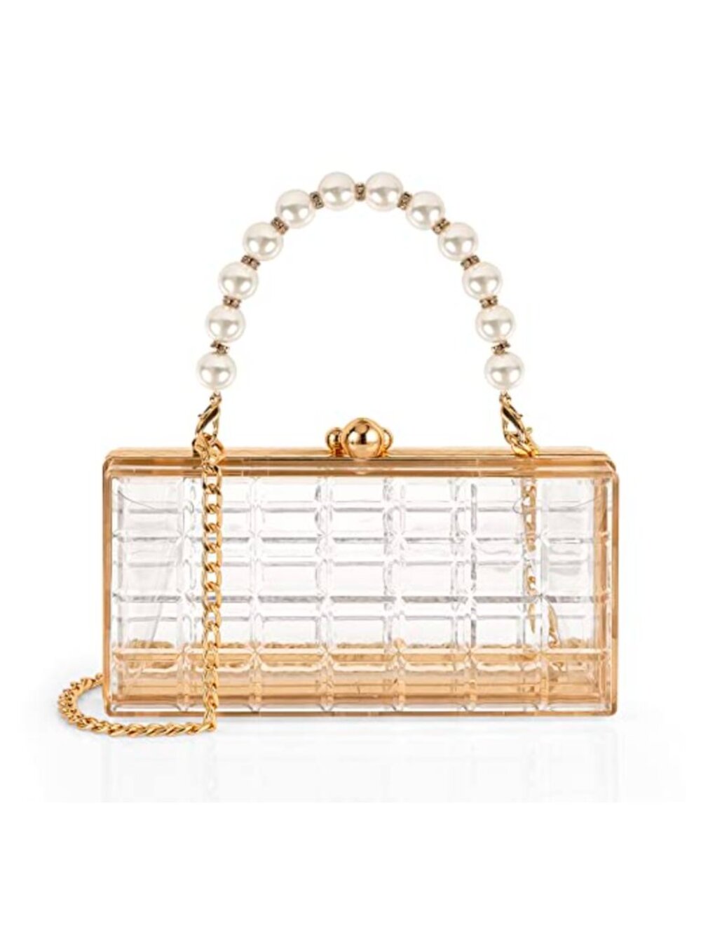 Clear Acrylic Clutch Crossbody Evening Bag with Pearl Handle